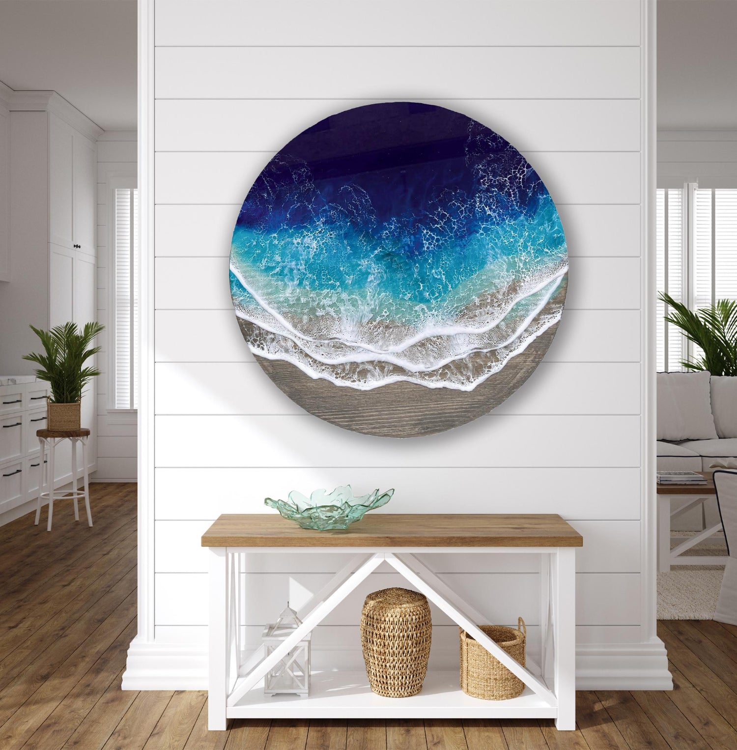Circular Wood Wave Wall Art: Epoxy Resin Ocean Scene
