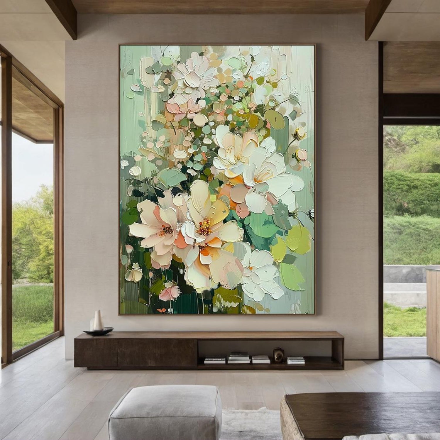 Original green floral abstract oil painting on canvas