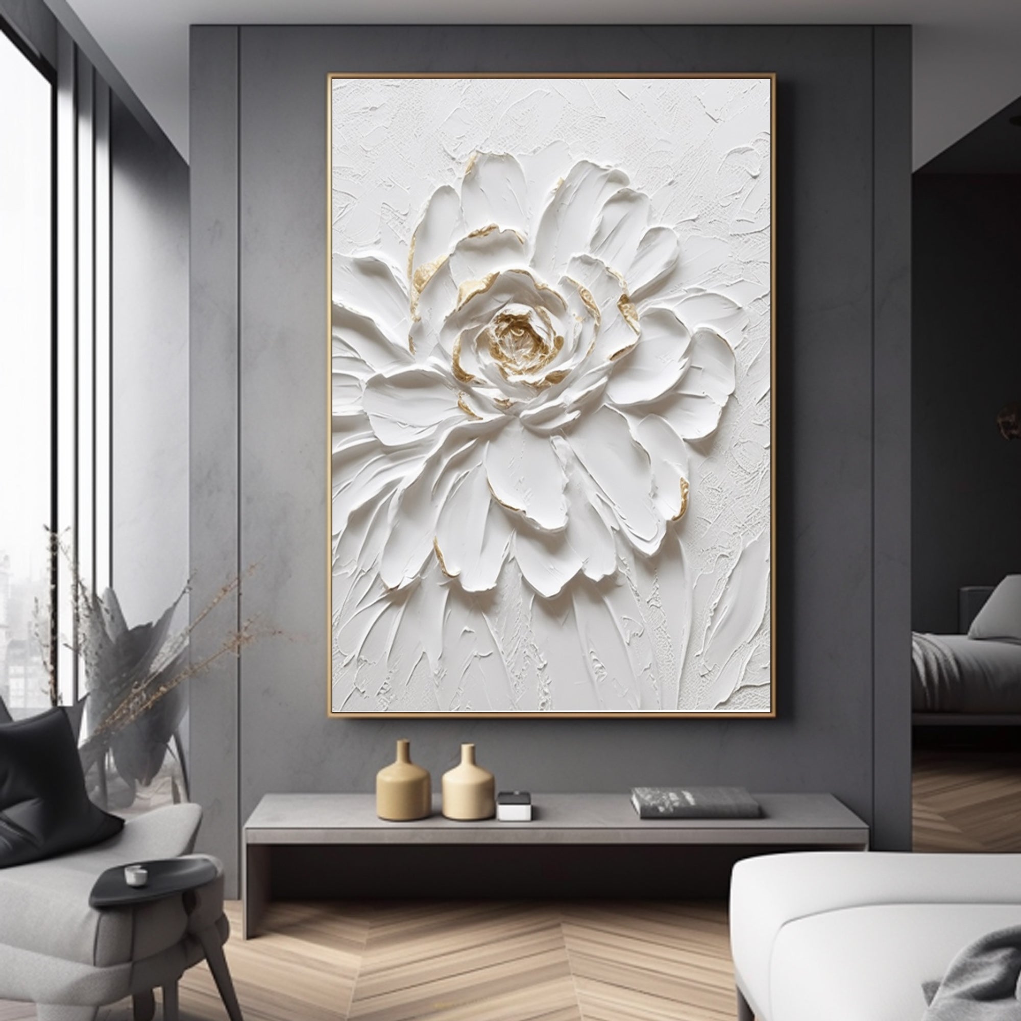 3D white flower oil painting