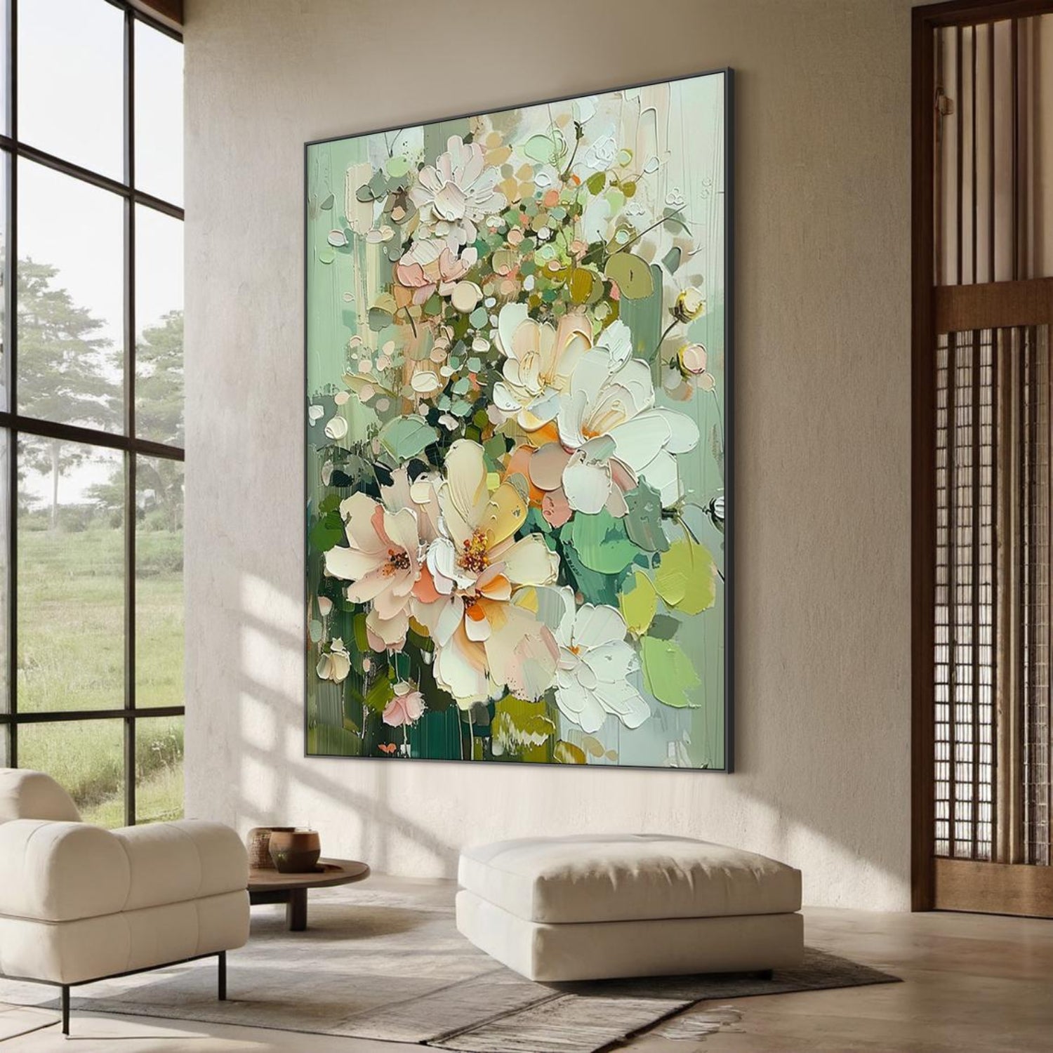 Original green floral abstract oil painting on canvas