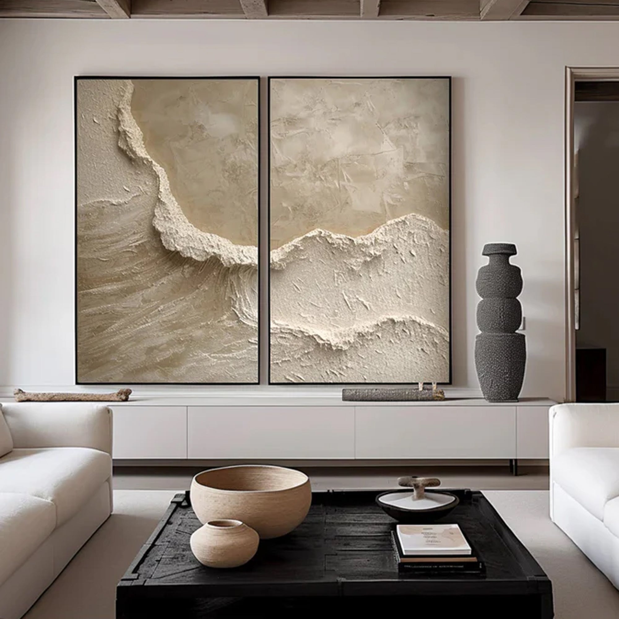 Beige White Waves Set Of 2