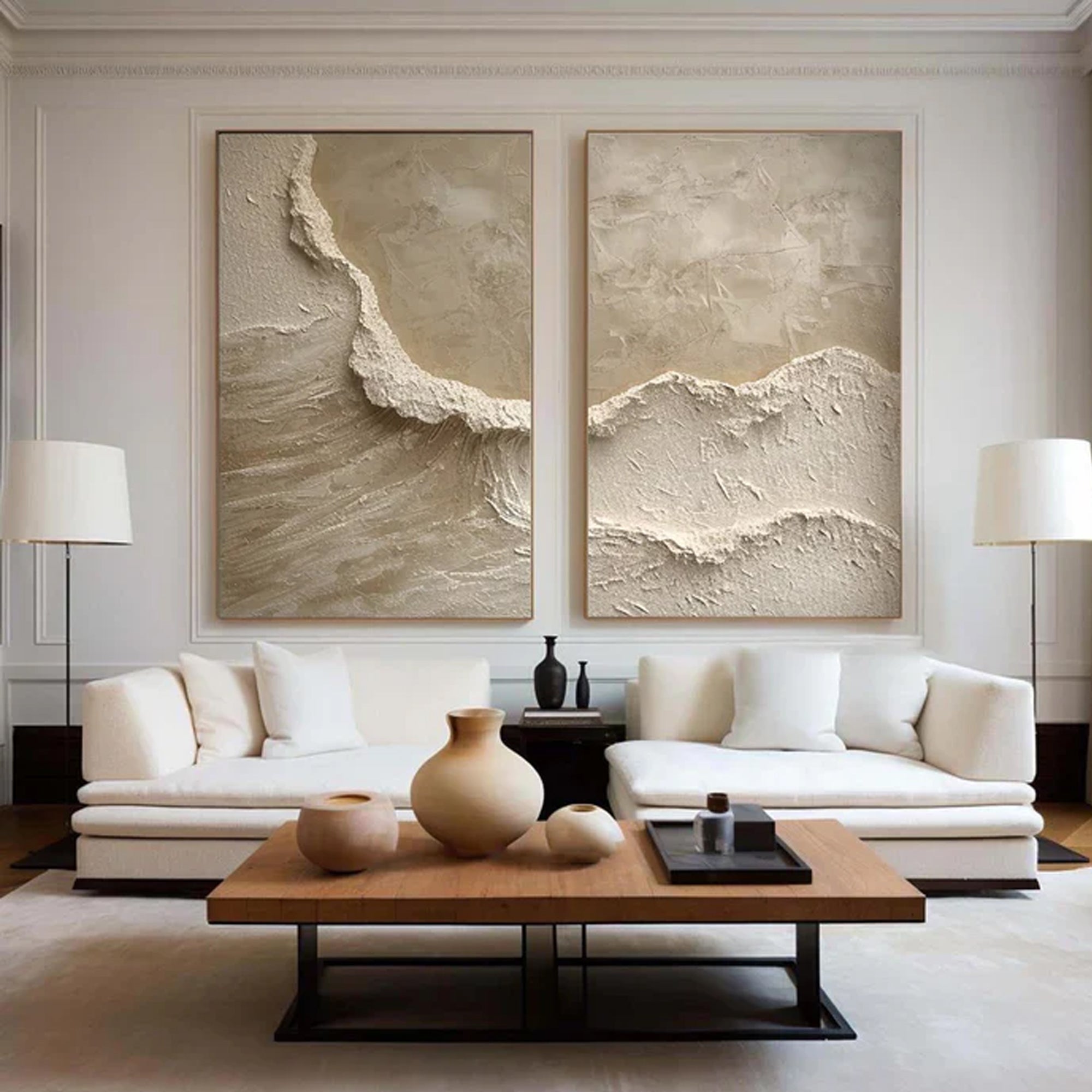 Beige White Waves Set Of 2