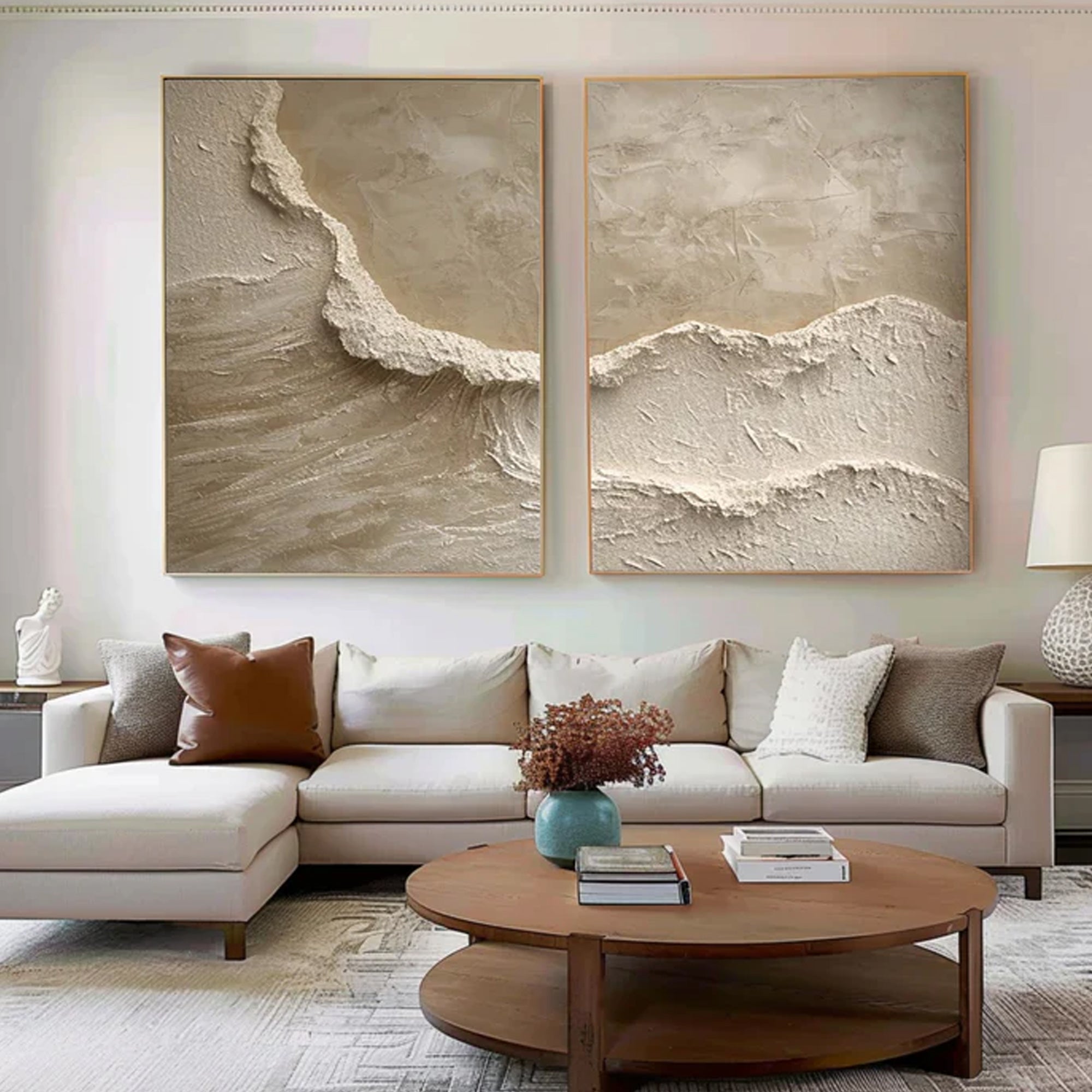 Beige White Waves Set Of 2