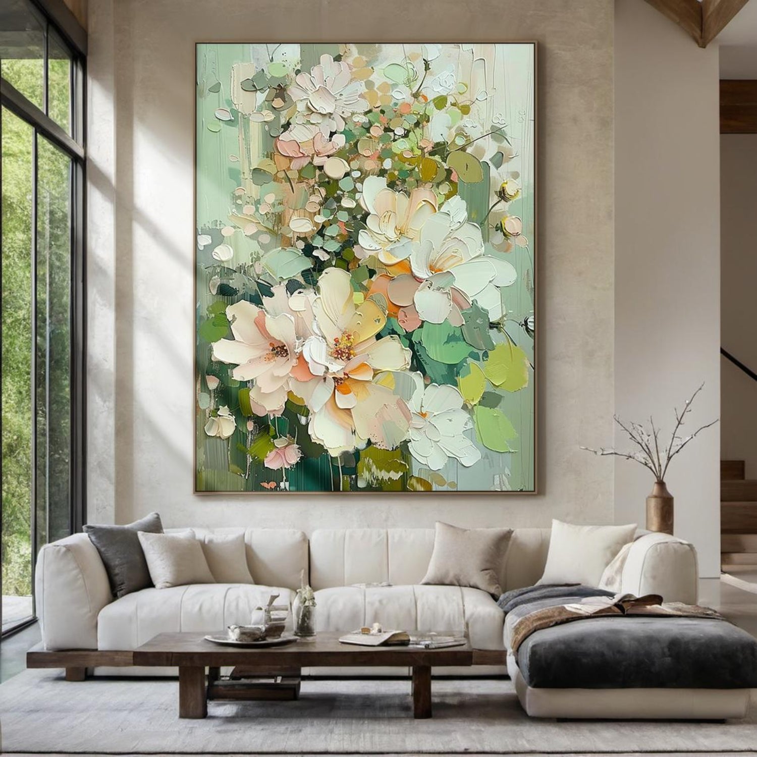 Original green floral abstract oil painting on canvas