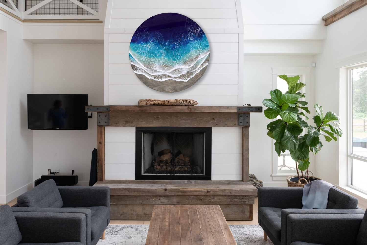 Circular Wood Wave Wall Art: Epoxy Resin Ocean Scene