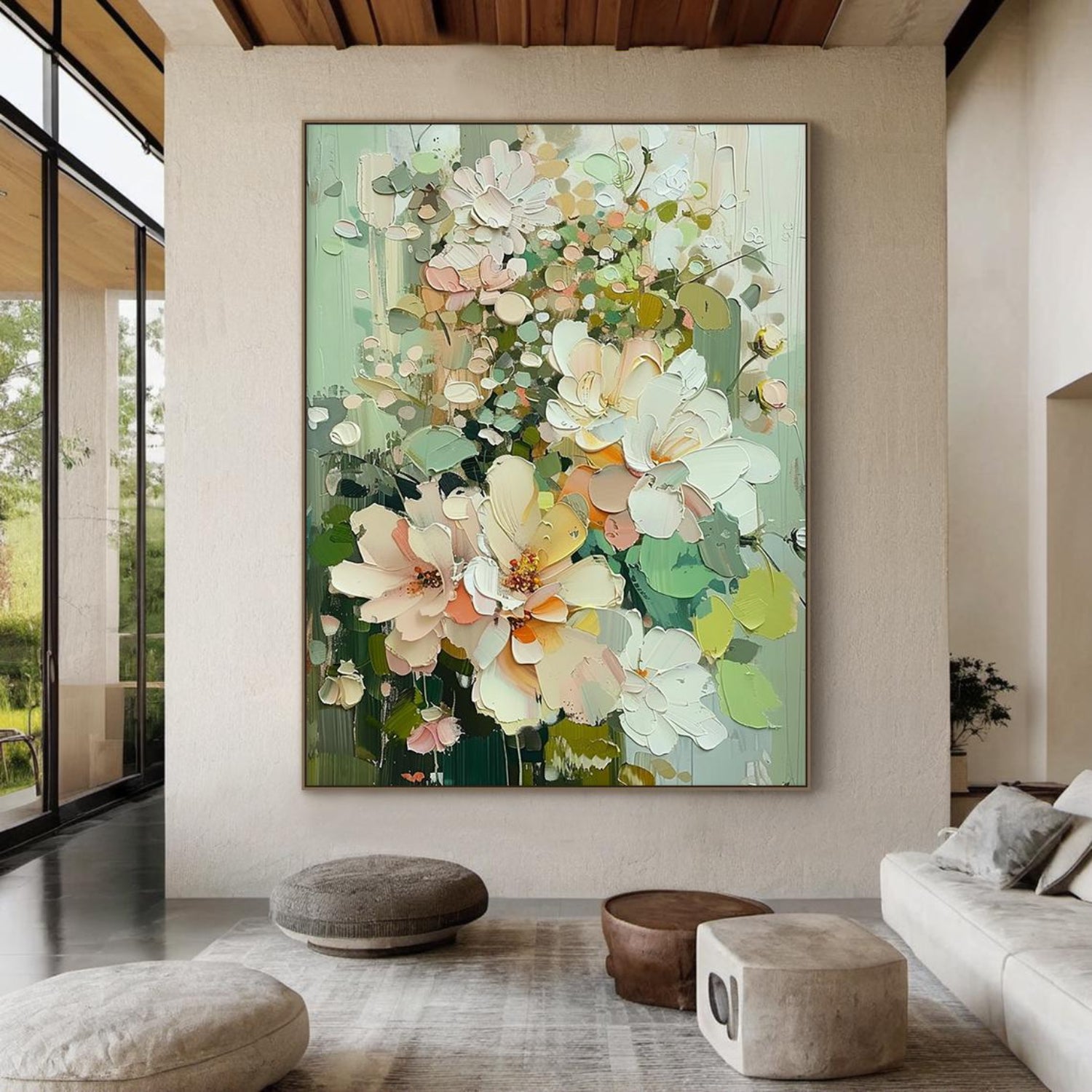Original green floral abstract oil painting on canvas