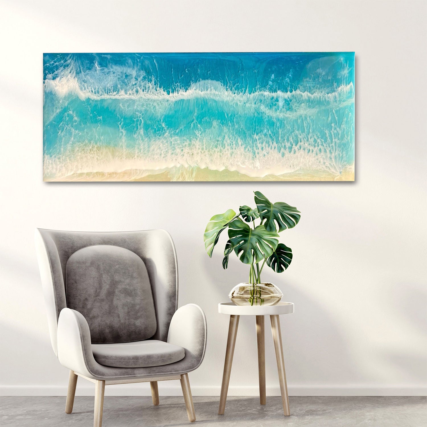 Resin Ocean Wave Wall Art on Wood Slab: Coastal Decor