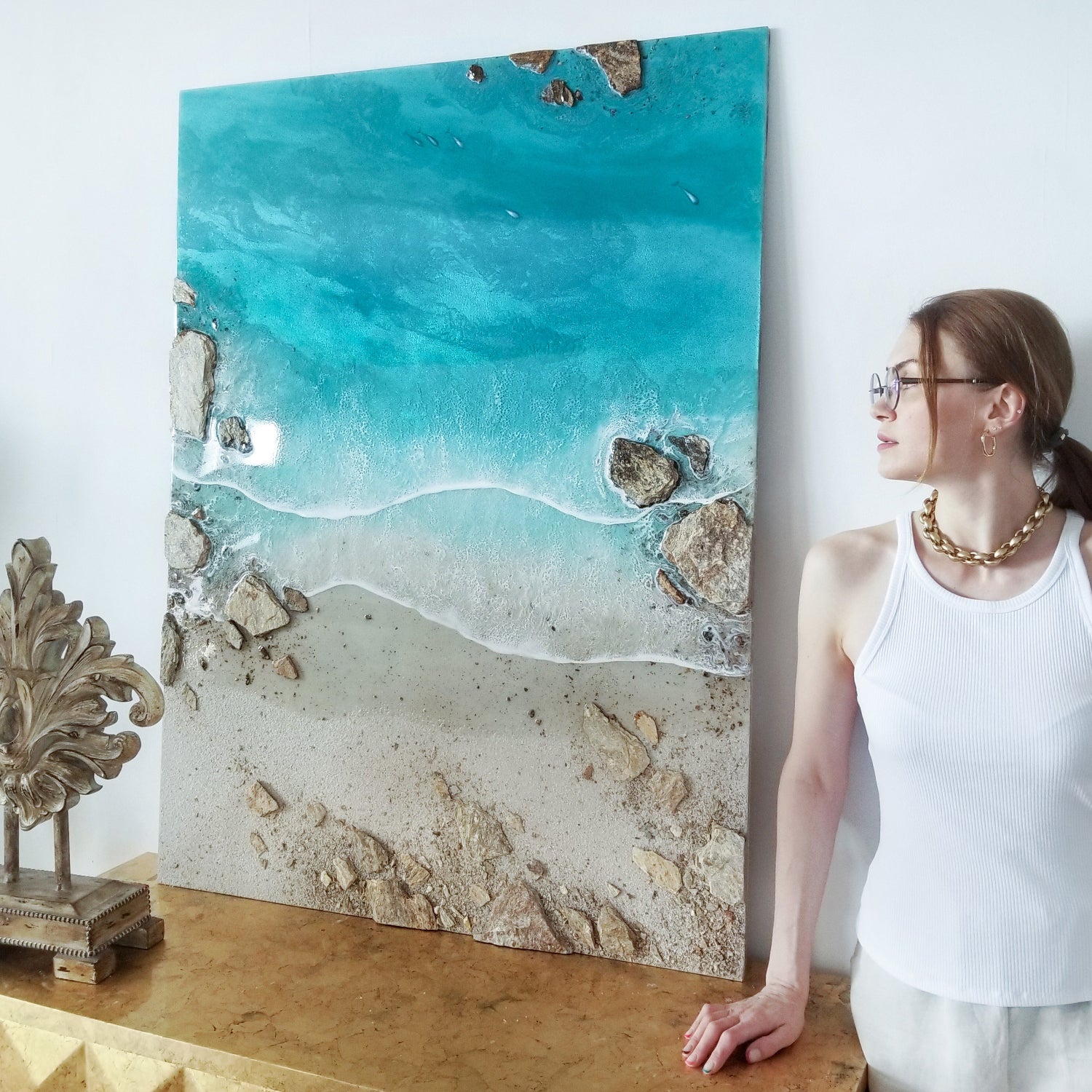 3D Ocean Wave Resin Art: Serene Seascape Painting, Large Wall Decor