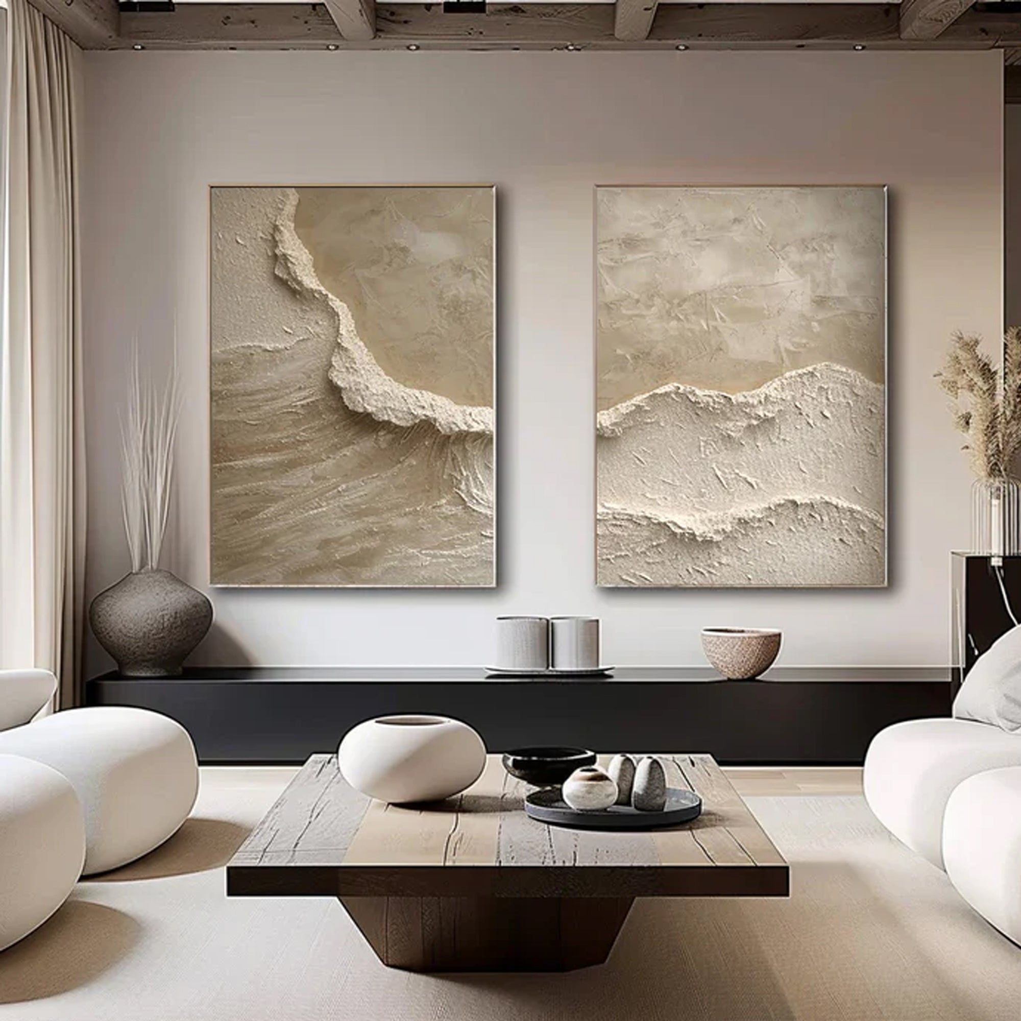 Beige White Waves Set Of 2