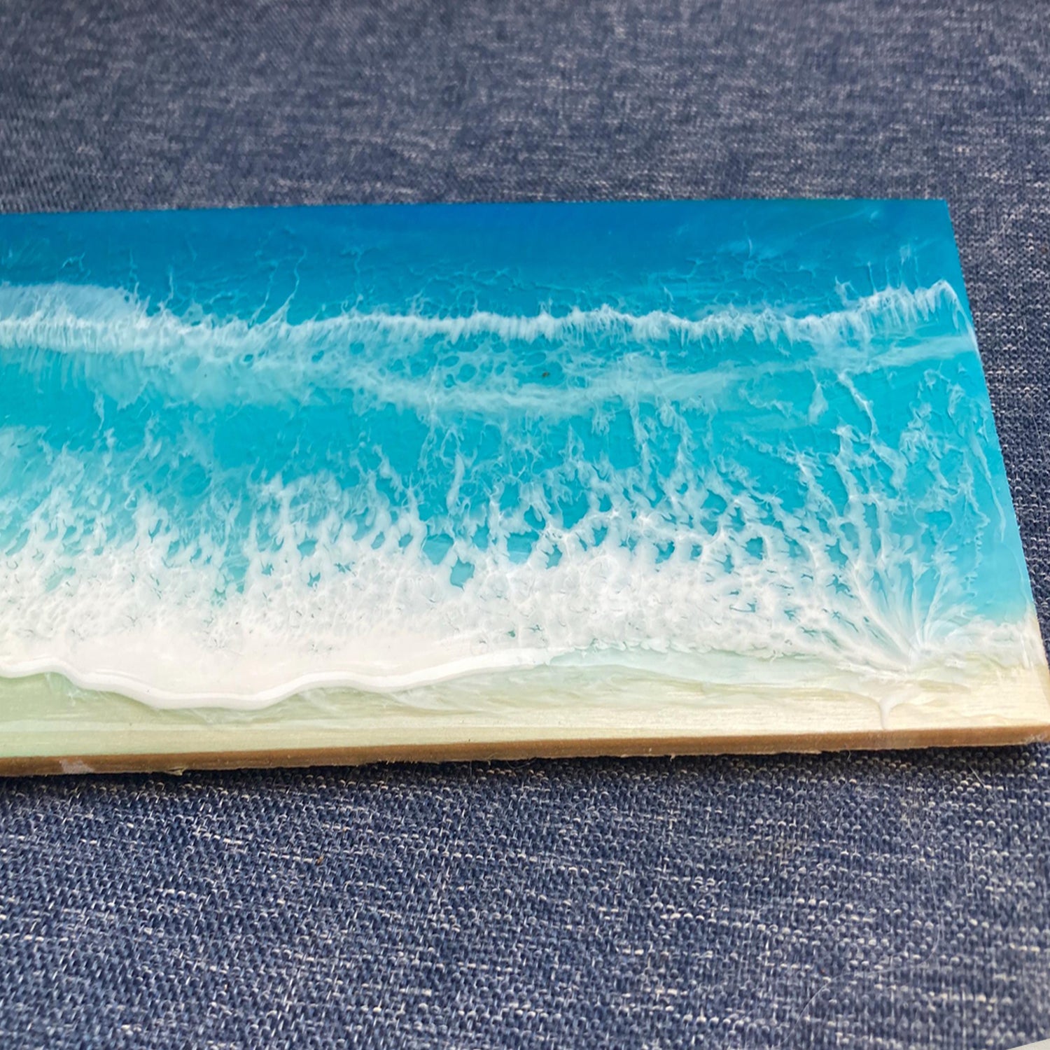 Resin Ocean Wave Wall Art on Wood Slab: Coastal Decor