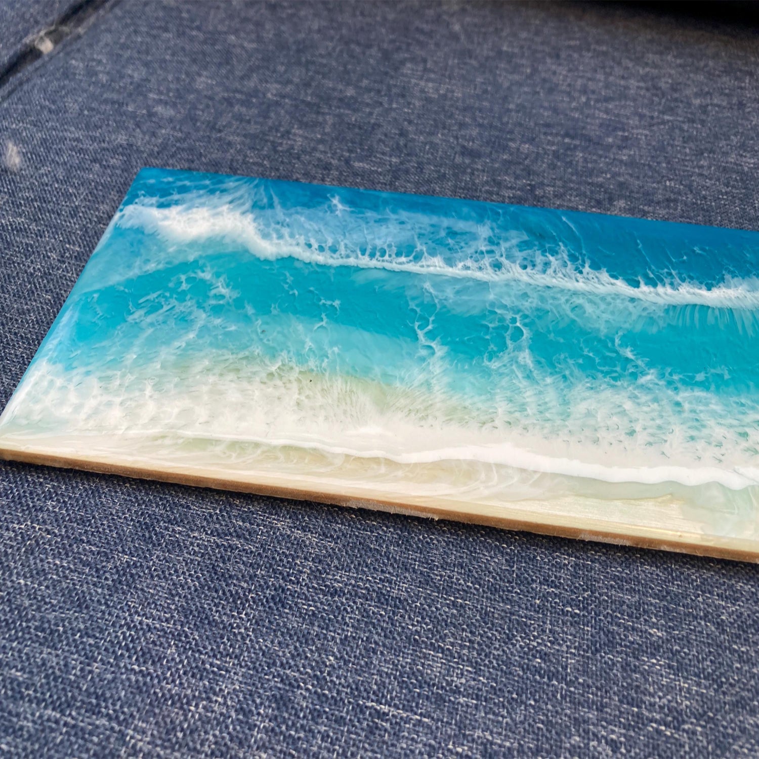 Resin Ocean Wave Wall Art on Wood Slab: Coastal Decor