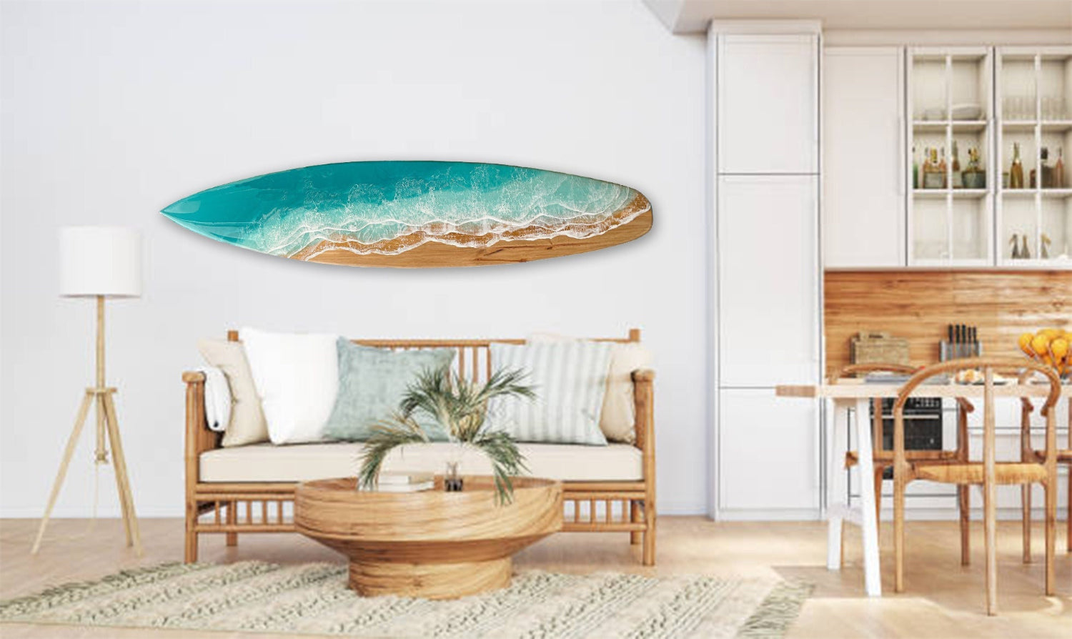 Resin Surfboard with aqua waves