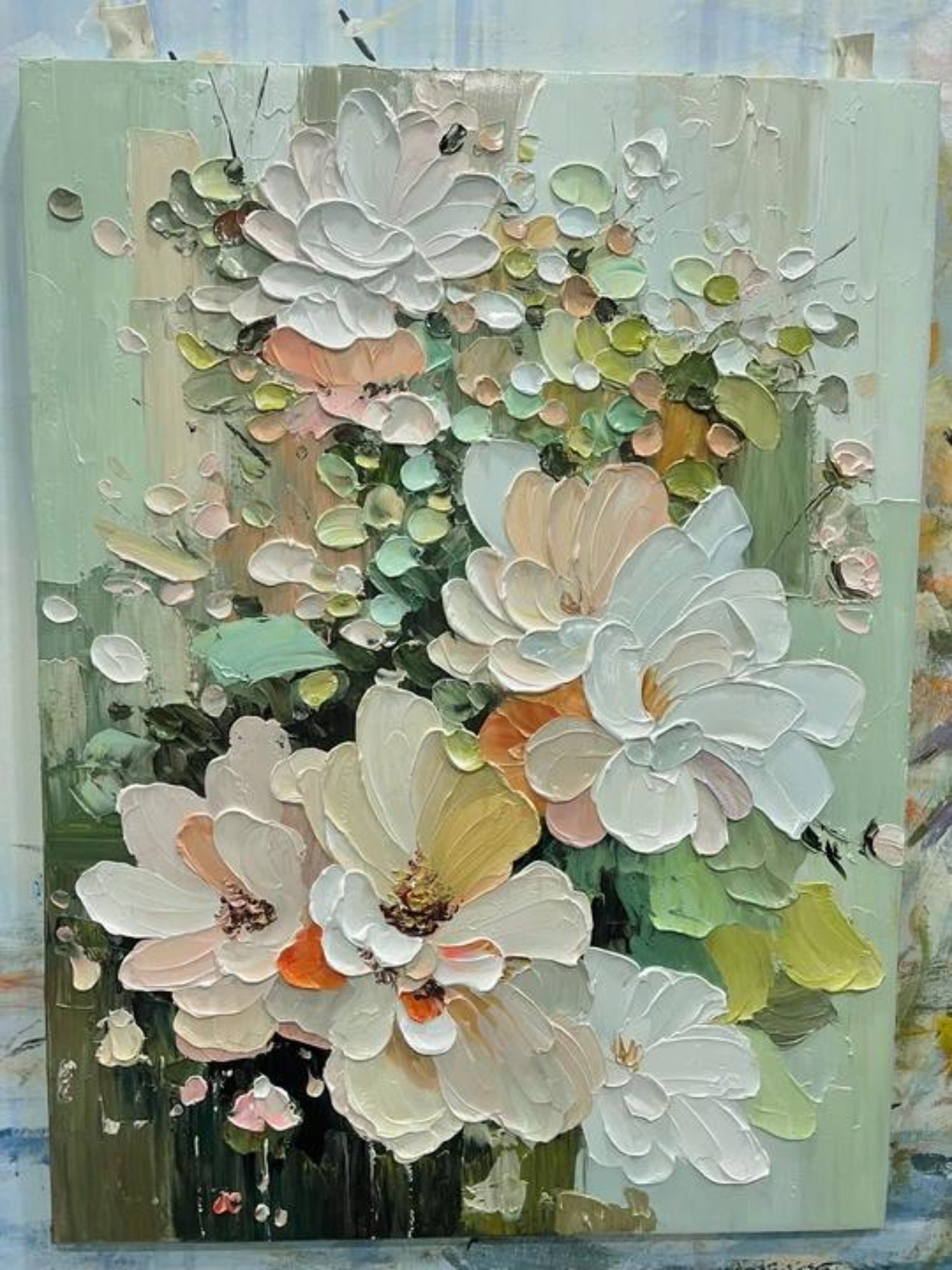 Original green floral abstract oil painting on canvas