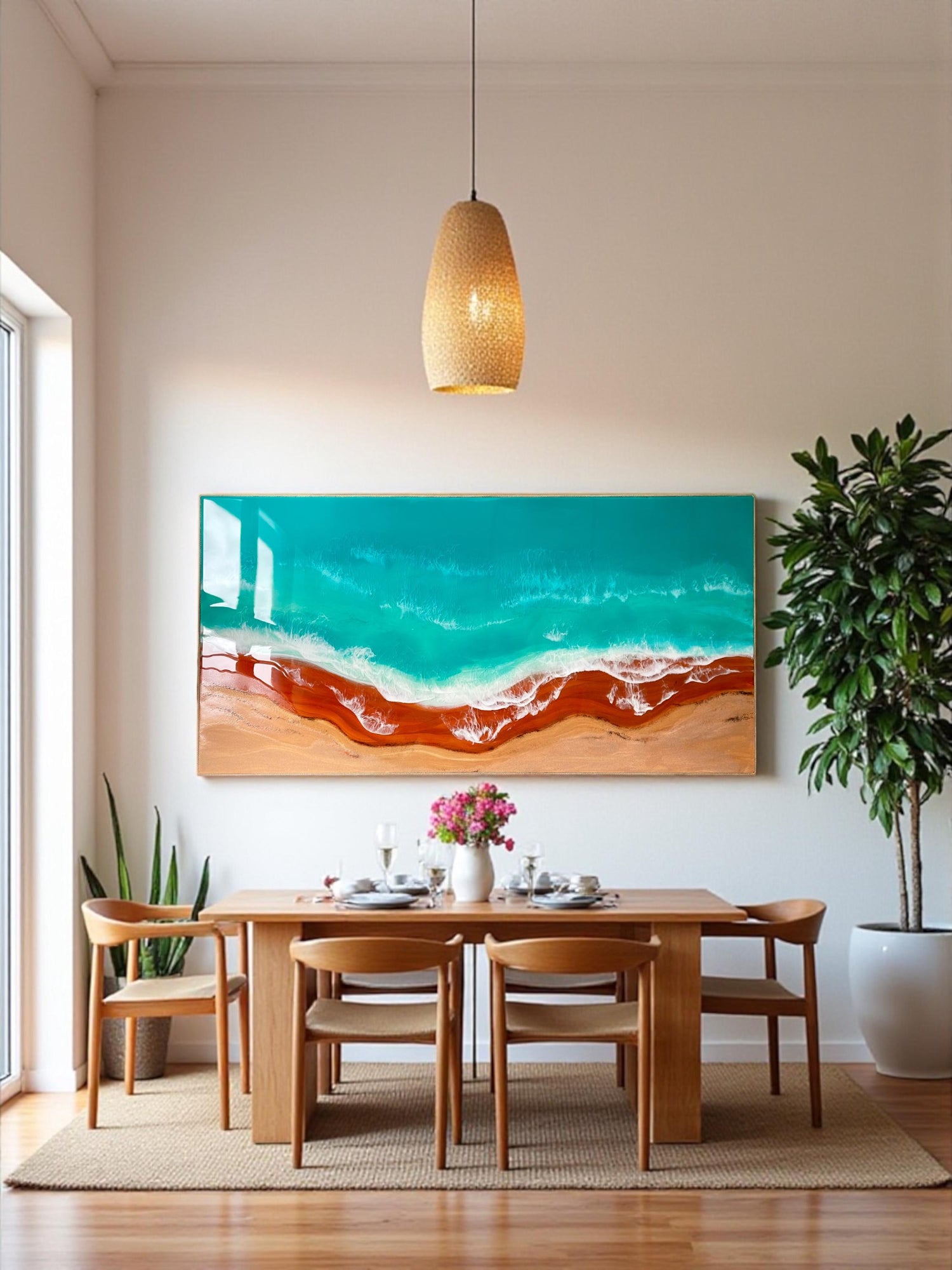 Original Resin Ocean Painting – Large Beach Wall Art with Red Shoreline, Coastal Seascape Artwork