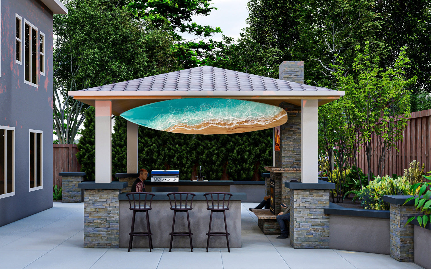 Resin Surfboard with aqua waves