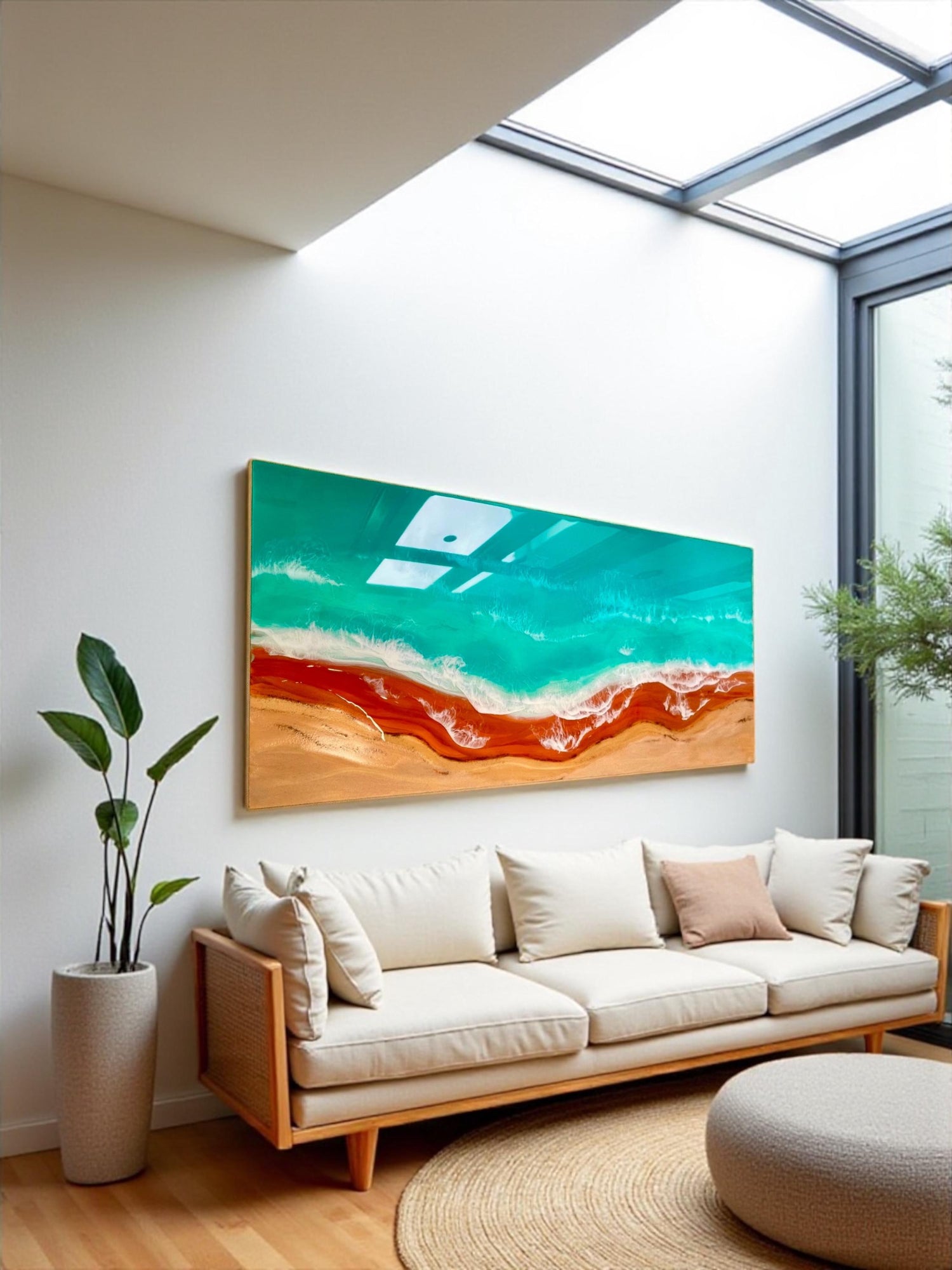 Original Resin Ocean Painting – Large Beach Wall Art with Red Shoreline, Coastal Seascape Artwork