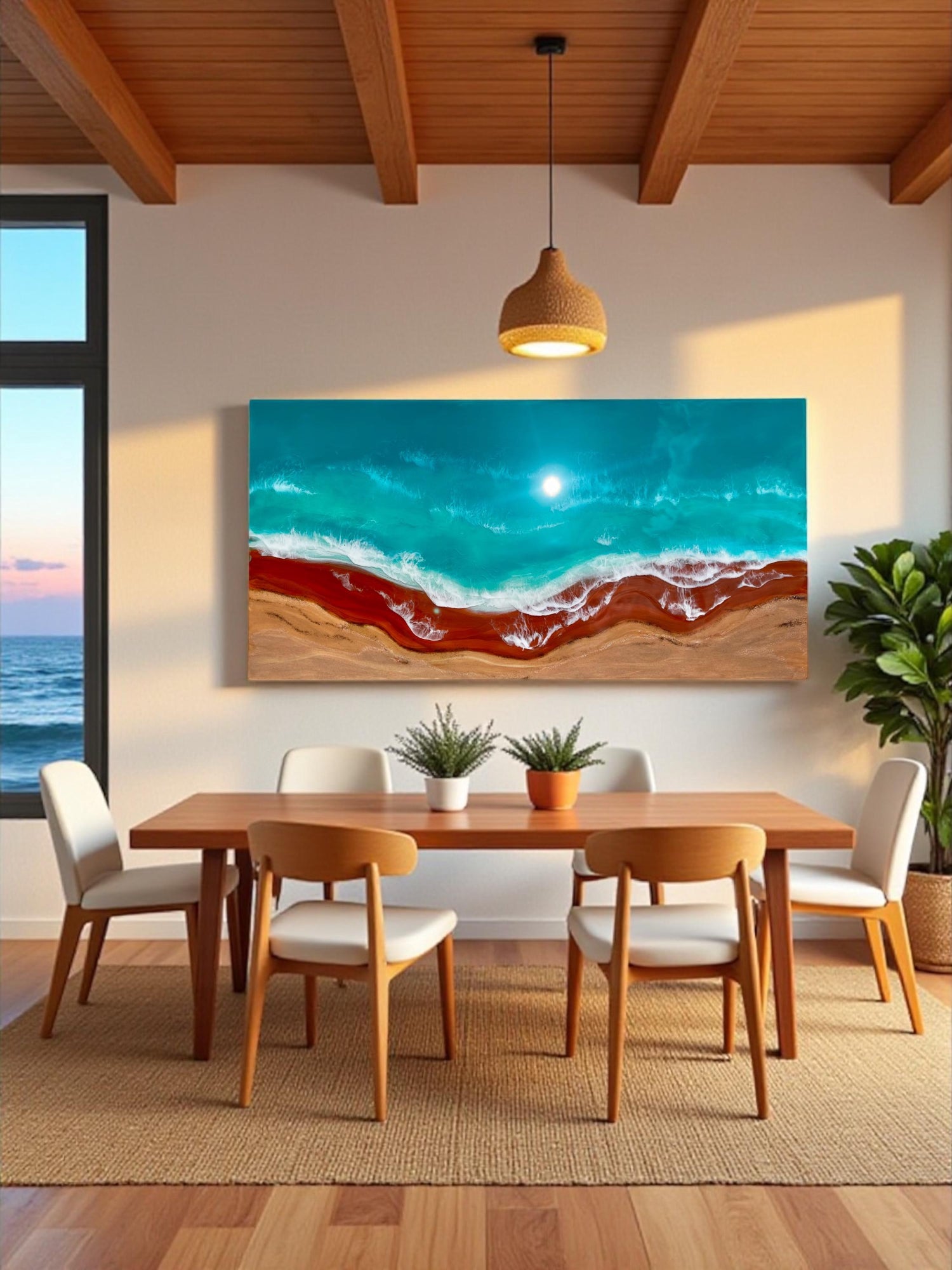 Original Resin Ocean Painting – Large Beach Wall Art with Red Shoreline, Coastal Seascape Artwork