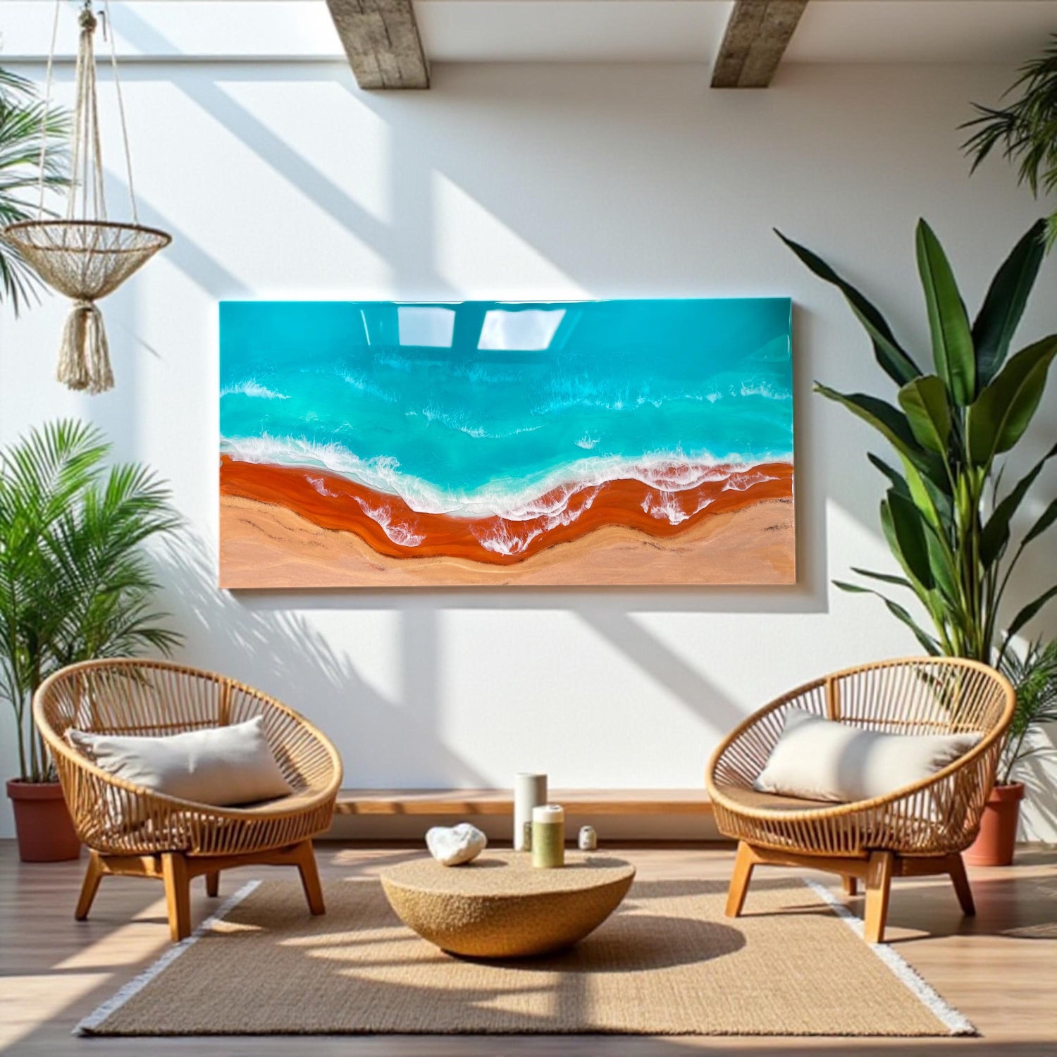 Original Resin Ocean Painting – Large Beach Wall Art with Red Shoreline, Coastal Seascape Artwork