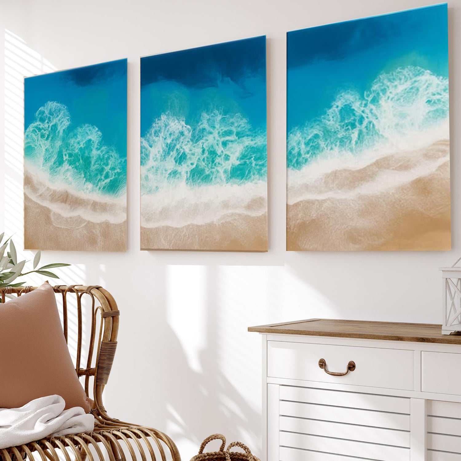 3-Piece Canvas Wall Hanging | Ocean Wave Epoxy Resin Wood Wall Art